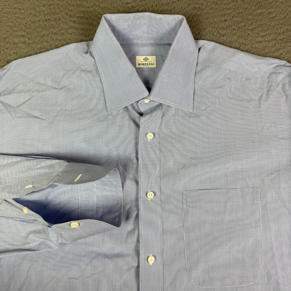 Luigi Borrelli Napoli Shirt Mens 16.5/42 Blue Long Sleeve Button Dress Italy